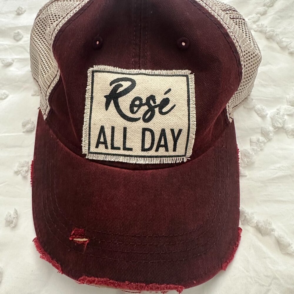 Rosé All Day Trucker Hat Distressed Burgundy Mesh Back Headmost